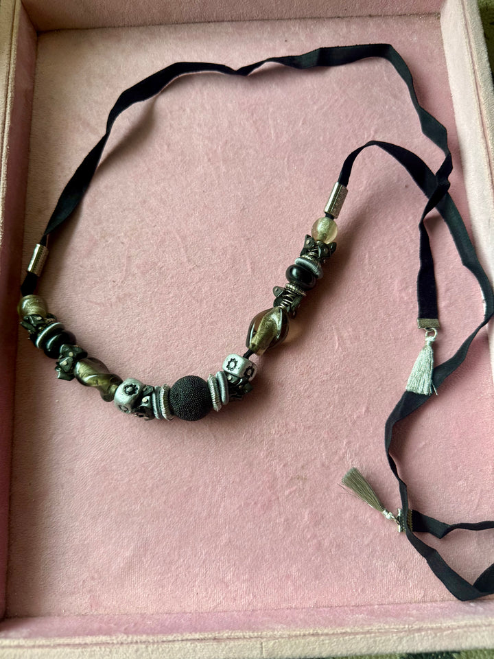Handmade Black Velvet Tie Choker with Charms, Adjustable Art Bead Statement Collar Necklace