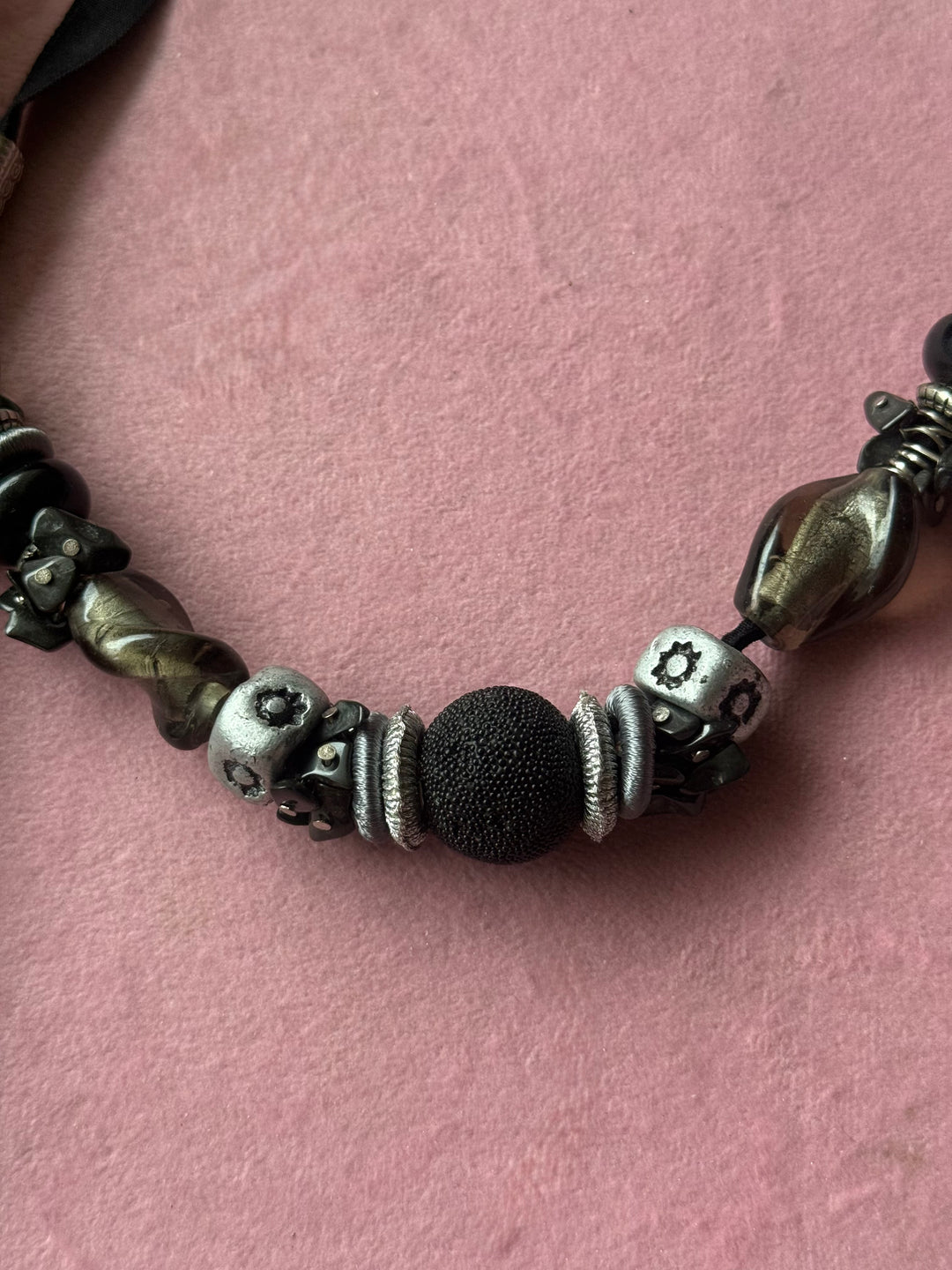 Handmade Black Velvet Tie Choker with Charms, Adjustable Art Bead Statement Collar Necklace
