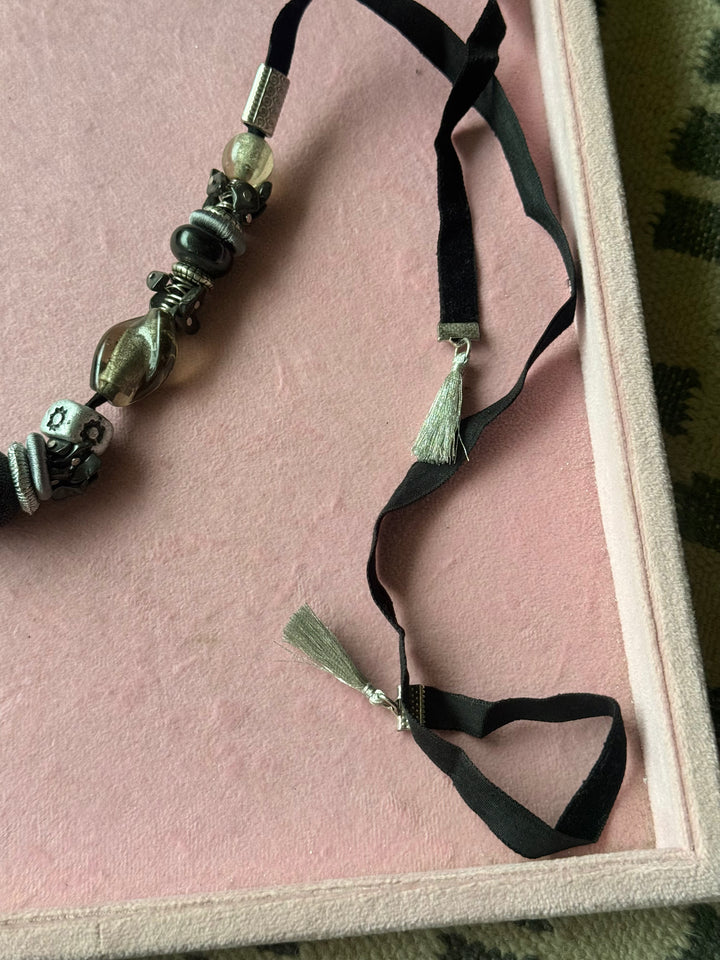 Handmade Black Velvet Tie Choker with Charms, Adjustable Art Bead Statement Collar Necklace