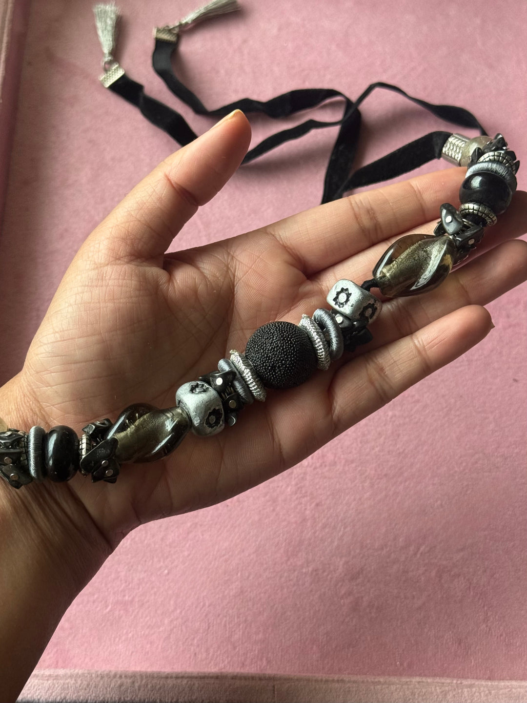 Handmade Black Velvet Tie Choker with Charms, Adjustable Art Bead Statement Collar Necklace
