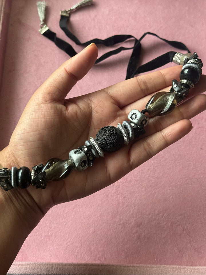 Handmade Black Velvet Tie Choker with Charms, Adjustable Art Bead Statement Collar Necklace