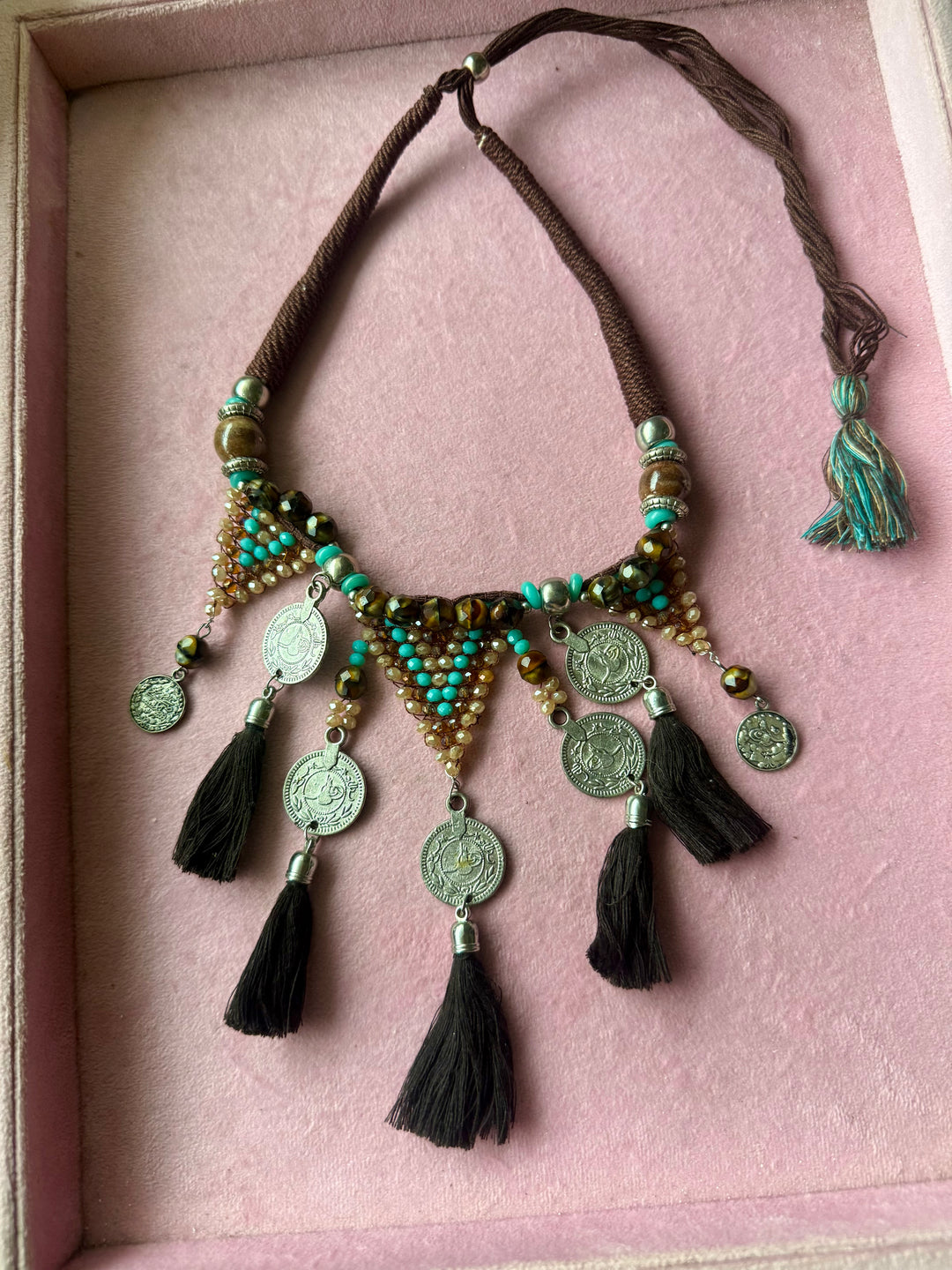 Tribal Coin Brown Tassel Necklace with Turquoise & Gold Beads