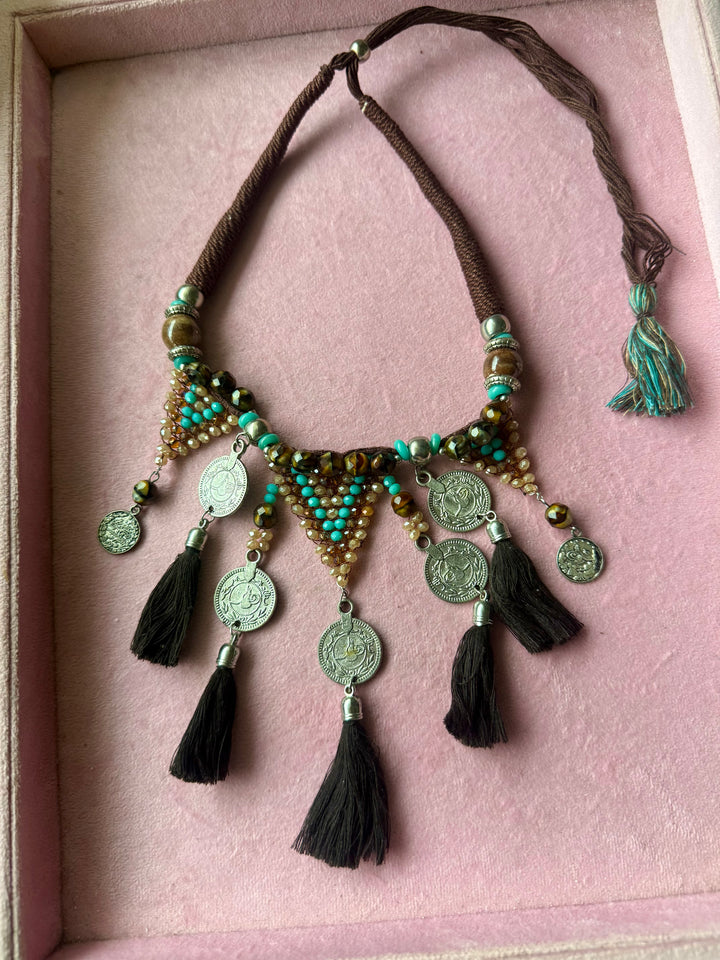 Tribal Coin Brown Tassel Necklace with Turquoise & Gold Beads