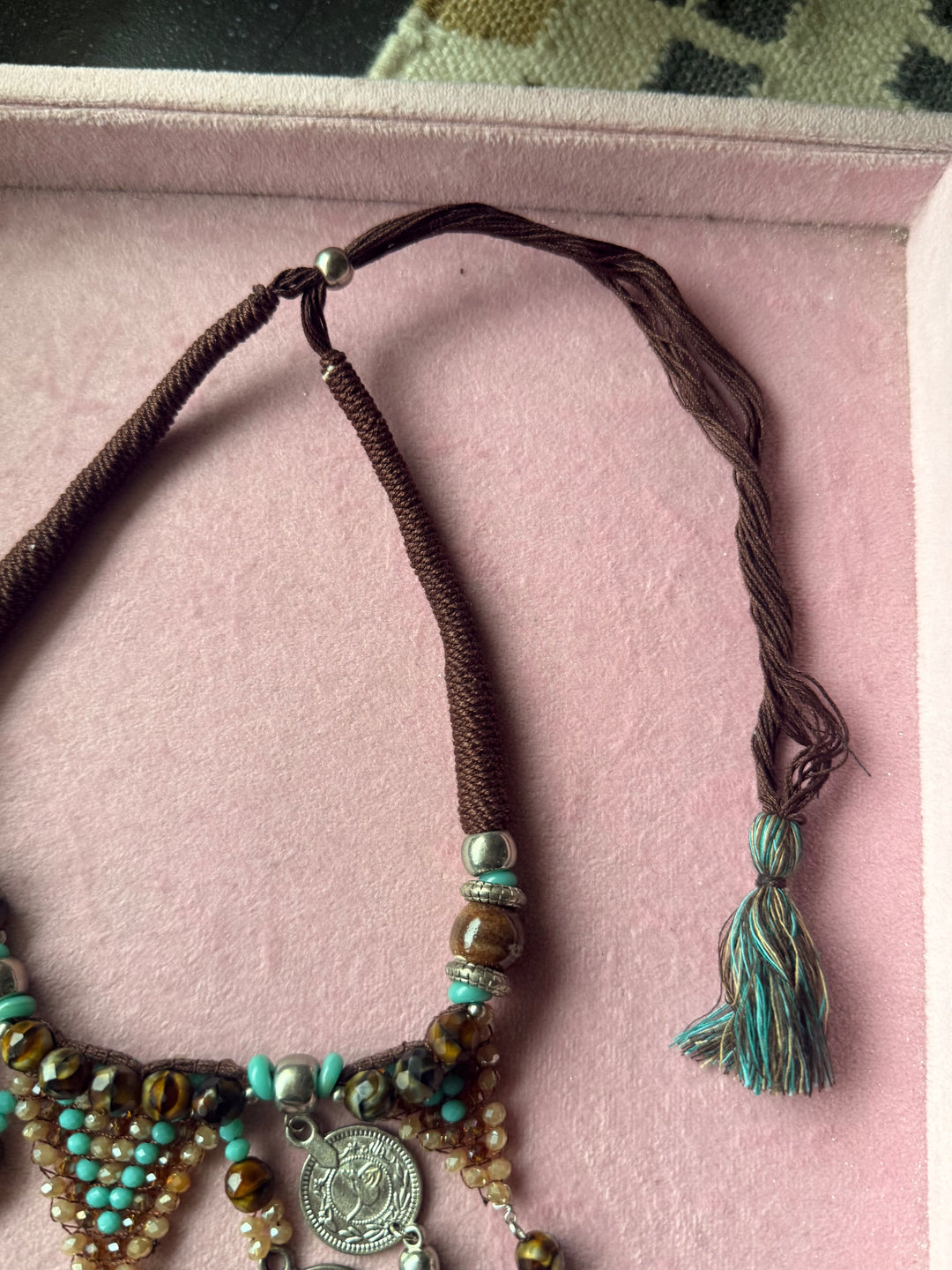 Tribal Coin Brown Tassel Necklace with Turquoise & Gold Beads