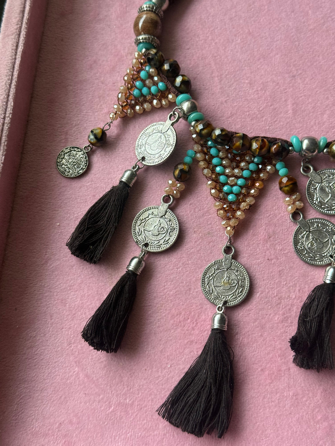 Tribal Coin Brown Tassel Necklace with Turquoise & Gold Beads