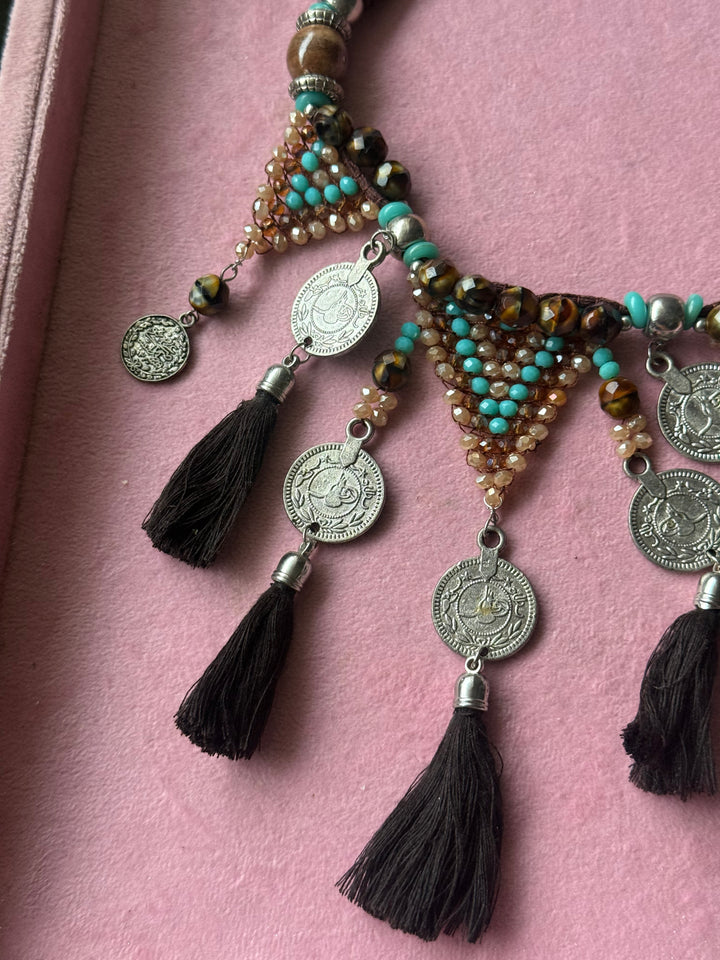 Tribal Coin Brown Tassel Necklace with Turquoise & Gold Beads