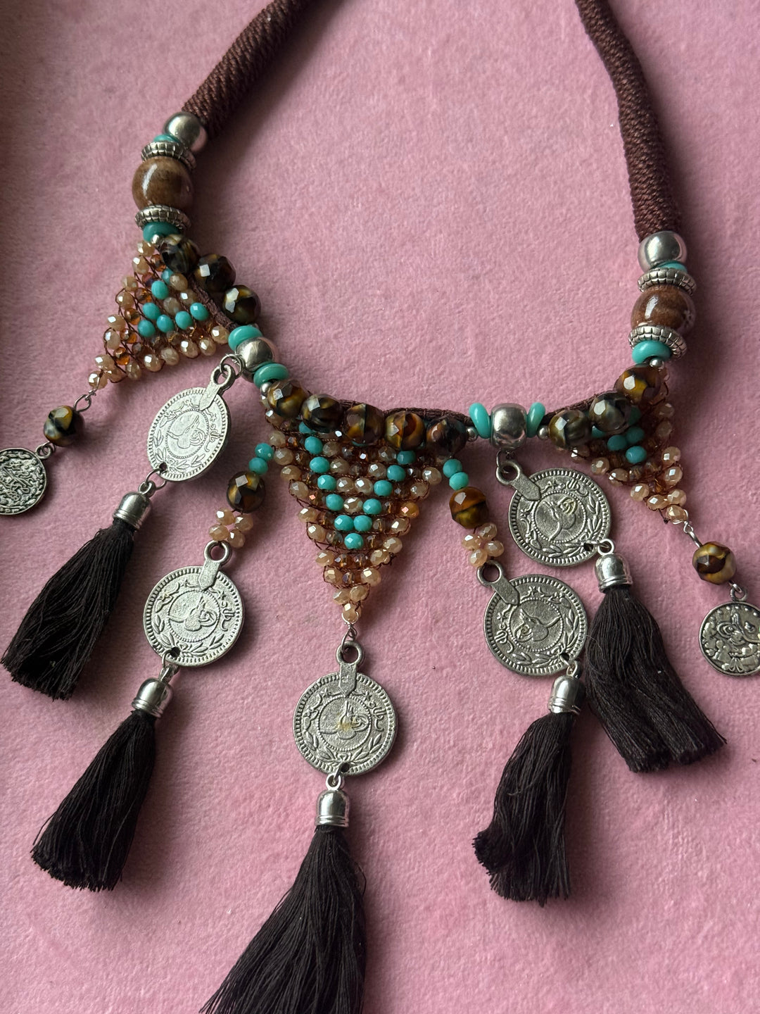 Tribal Coin Brown Tassel Necklace with Turquoise & Gold Beads