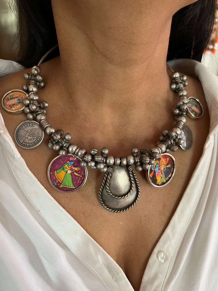 Antique Hand painted Brass Hasli Necklace - A Timeless Masterpiece