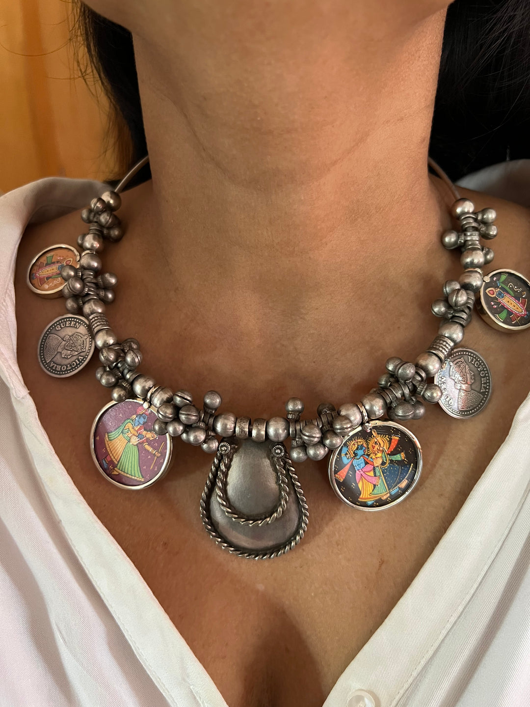 Antique Hand painted Brass Hasli Necklace - A Timeless Masterpiece