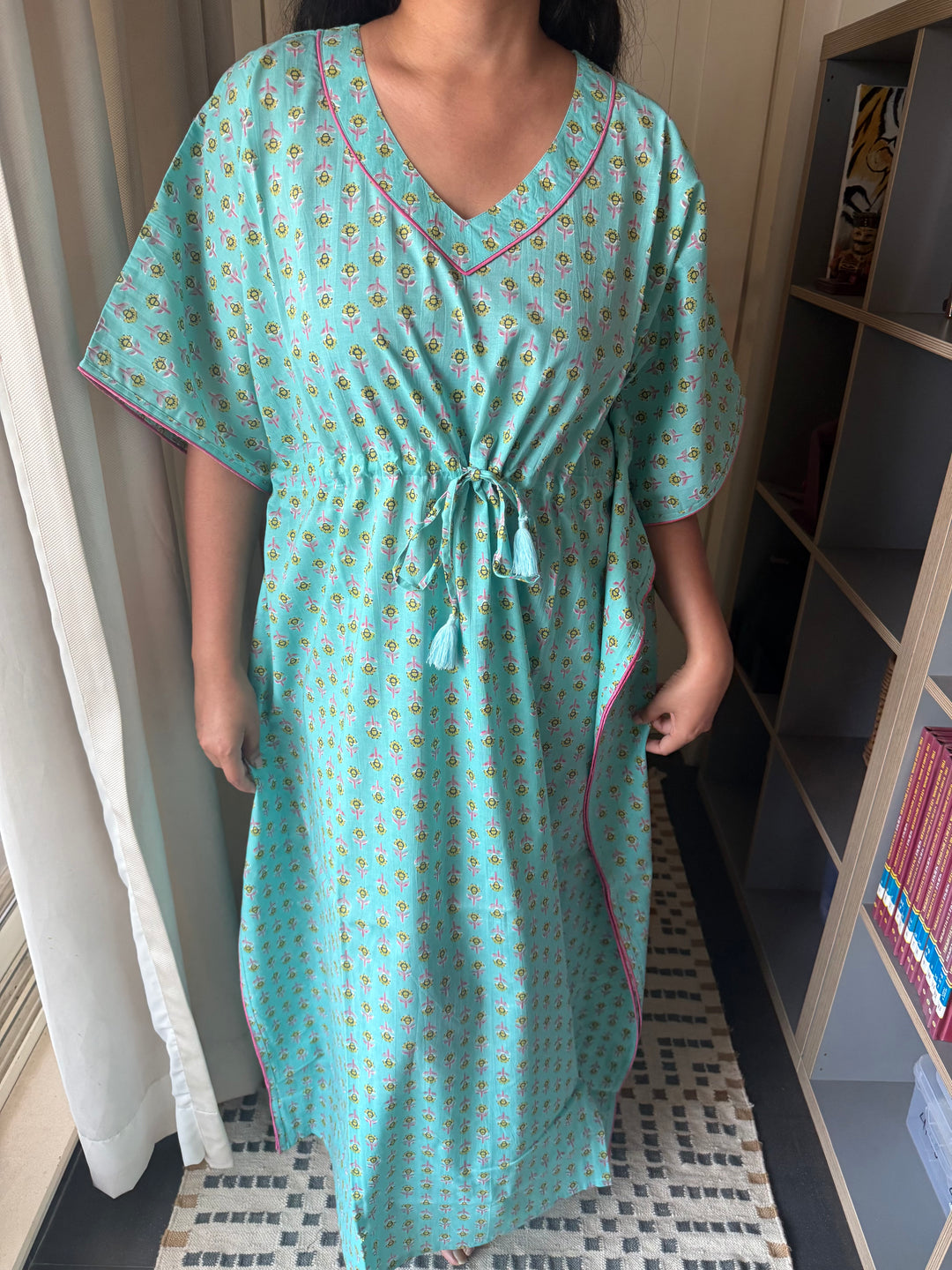 indian cotton kaftan dresses Indian Blue Ikat Printed Kaftan Cotton Hippie Maxi Women Nightwear Caftan Dress