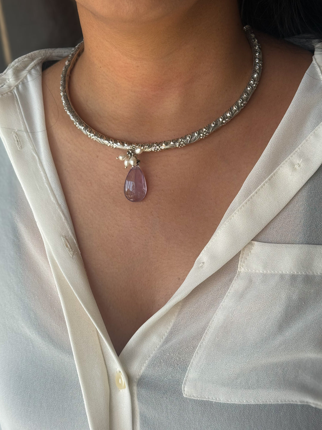 Handmade 925 Silver Hasli Necklace with Natural Amethyst Drop | Adjustable Hook Closure Jewelry