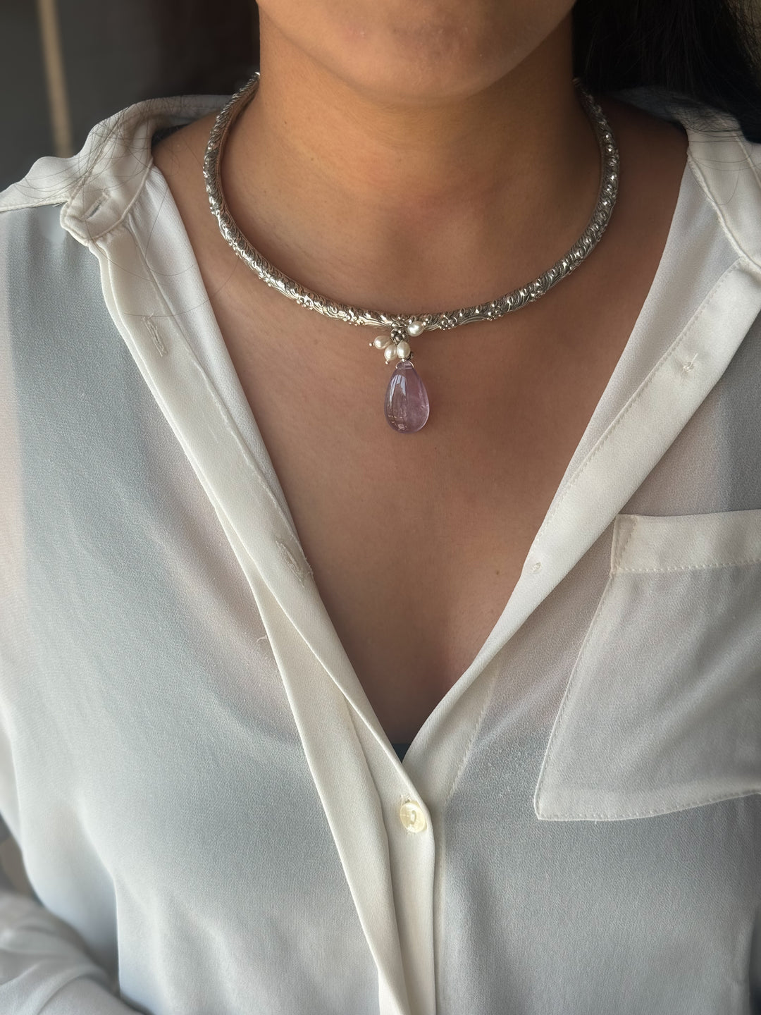 Handmade 925 Silver Hasli Necklace with Natural Amethyst Drop | Adjustable Hook Closure Jewelry