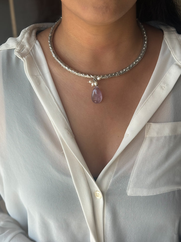 Handmade 925 Silver Hasli Necklace with Natural Amethyst Drop | Adjustable Hook Closure Jewelry