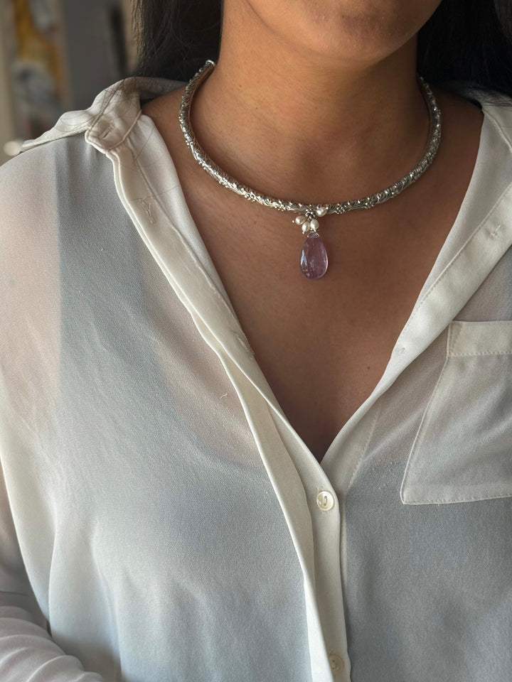 Handmade 925 Silver Hasli Necklace with Natural Amethyst Drop | Adjustable Hook Closure Jewelry