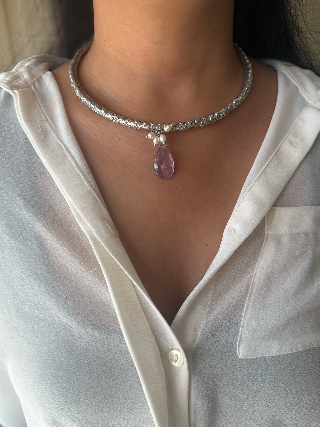 Handmade 925 Silver Hasli Necklace with Natural Amethyst Drop | Adjustable Hook Closure Jewelry