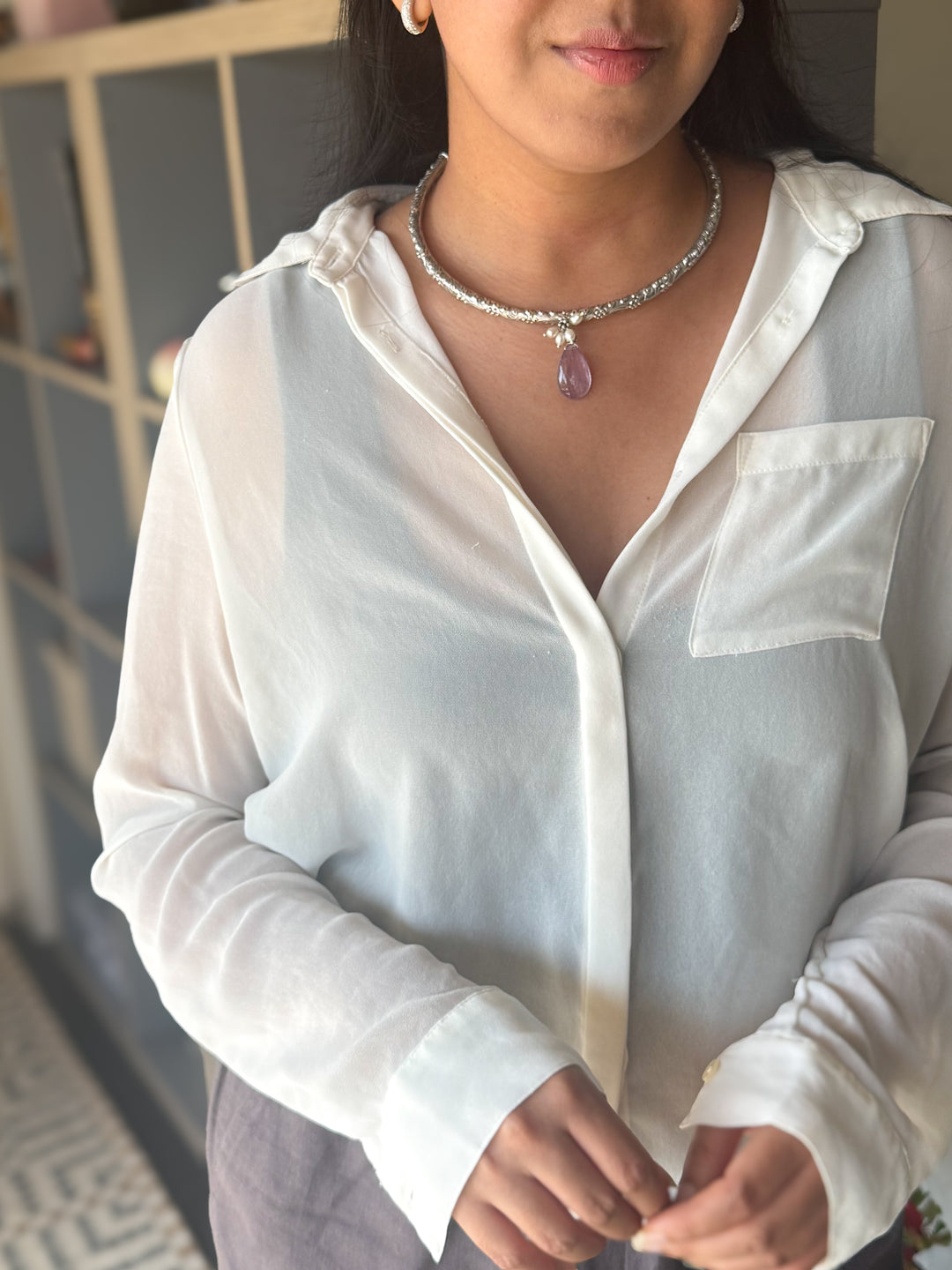 Handmade 925 Silver Hasli Necklace with Natural Amethyst Drop | Adjustable Hook Closure Jewelry