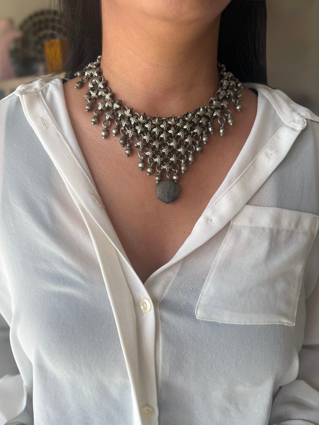 Handmade Oxidized Brass Necklace with Natural Labradorite Drop | Adjustable Short Statement Necklace