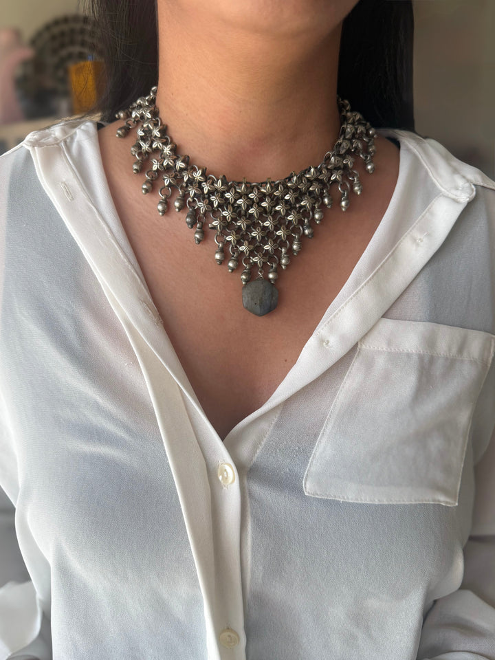 Handmade Oxidized Brass Necklace with Natural Labradorite Drop | Adjustable Short Statement Necklace