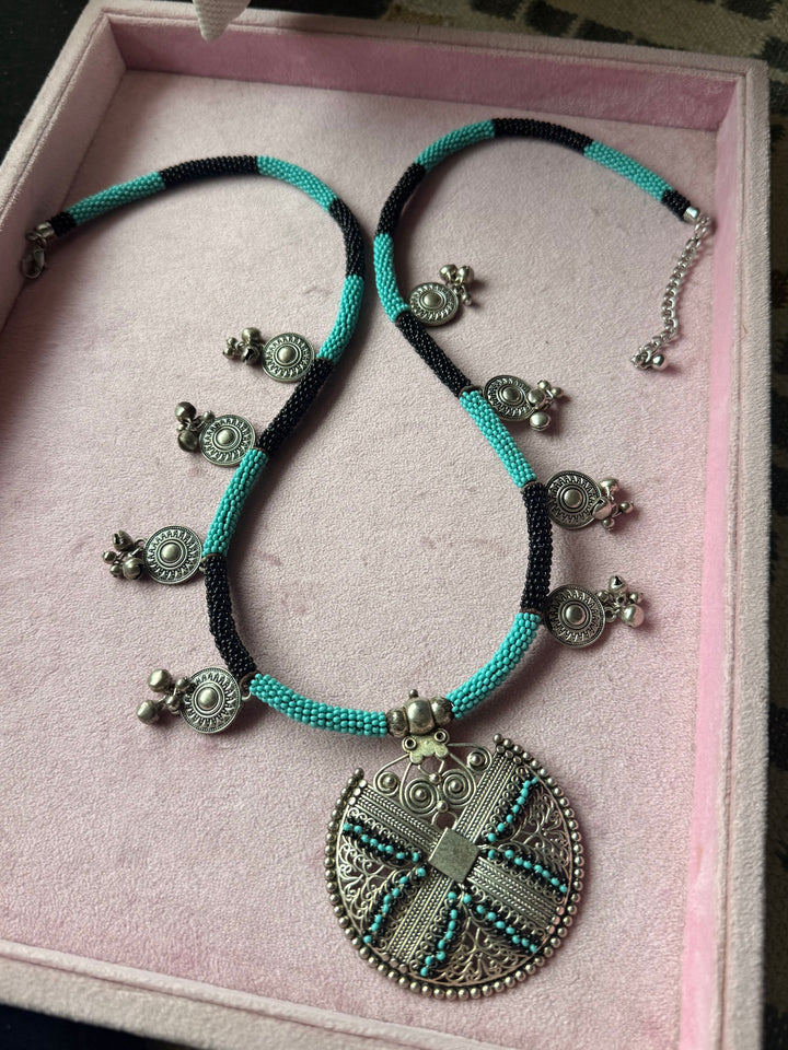 The Zohra Necklace, Black and Turquoise Beaded Tribal Statement Necklace