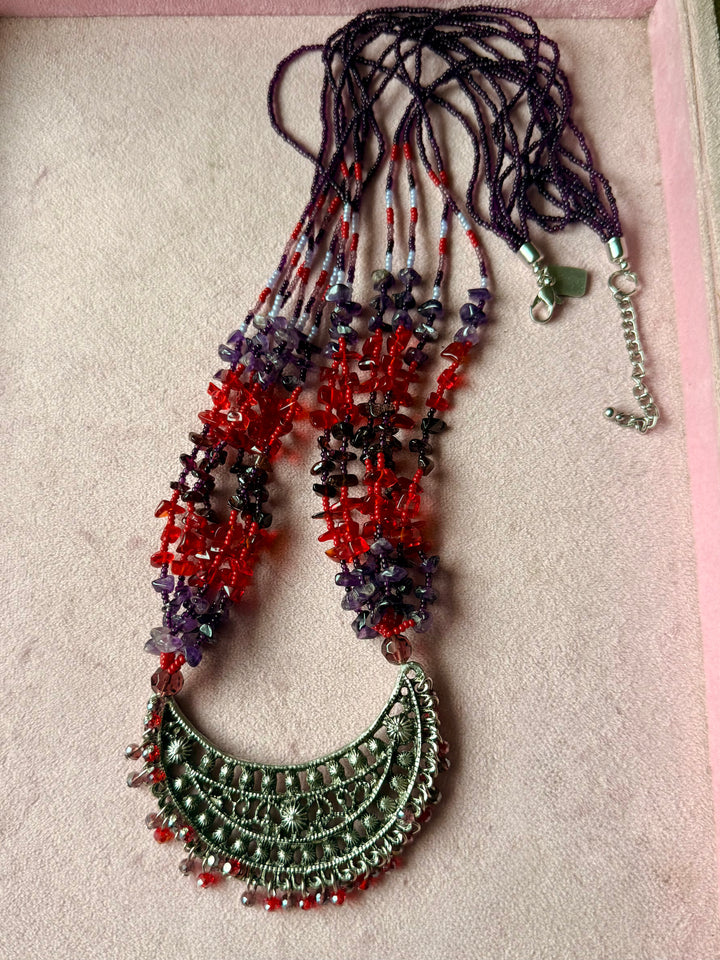 The Chandrika Necklace, Purple & Red Beaded Tribal Crescent Pendant Necklace