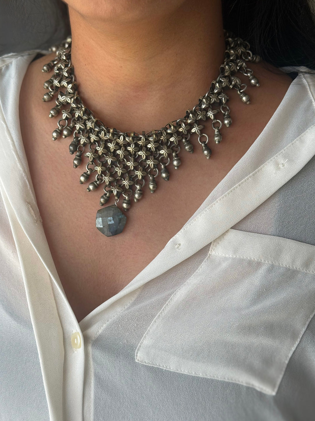 Handmade Oxidized Brass Necklace with Natural Labradorite Drop | Adjustable Short Statement Necklace