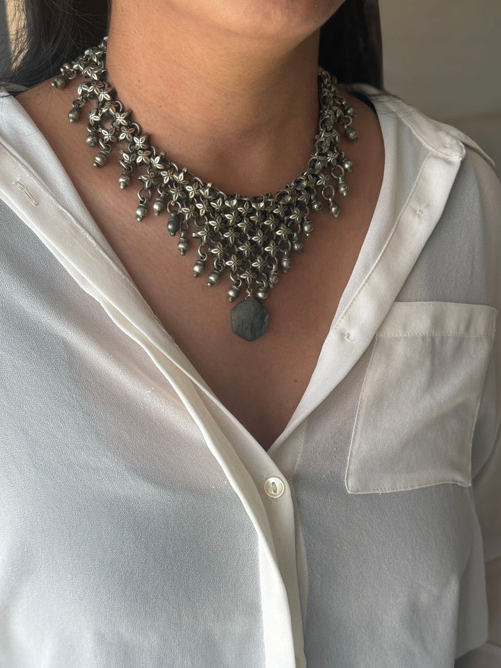 Handmade Oxidized Brass Necklace with Natural Labradorite Drop | Adjustable Short Statement Necklace