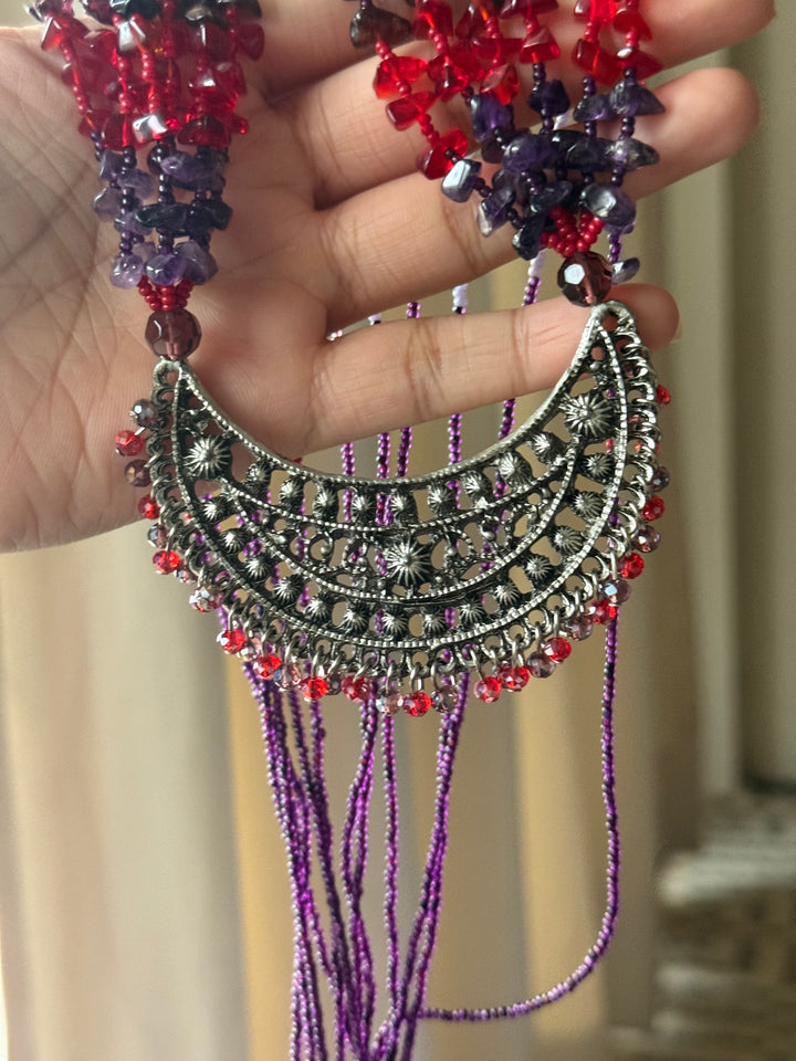 The Chandrika Necklace, Purple & Red Beaded Tribal Crescent Pendant Necklace