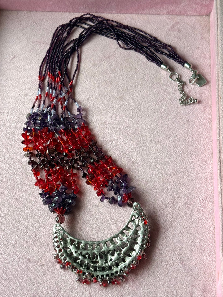The Chandrika Necklace, Purple & Red Beaded Tribal Crescent Pendant Necklace