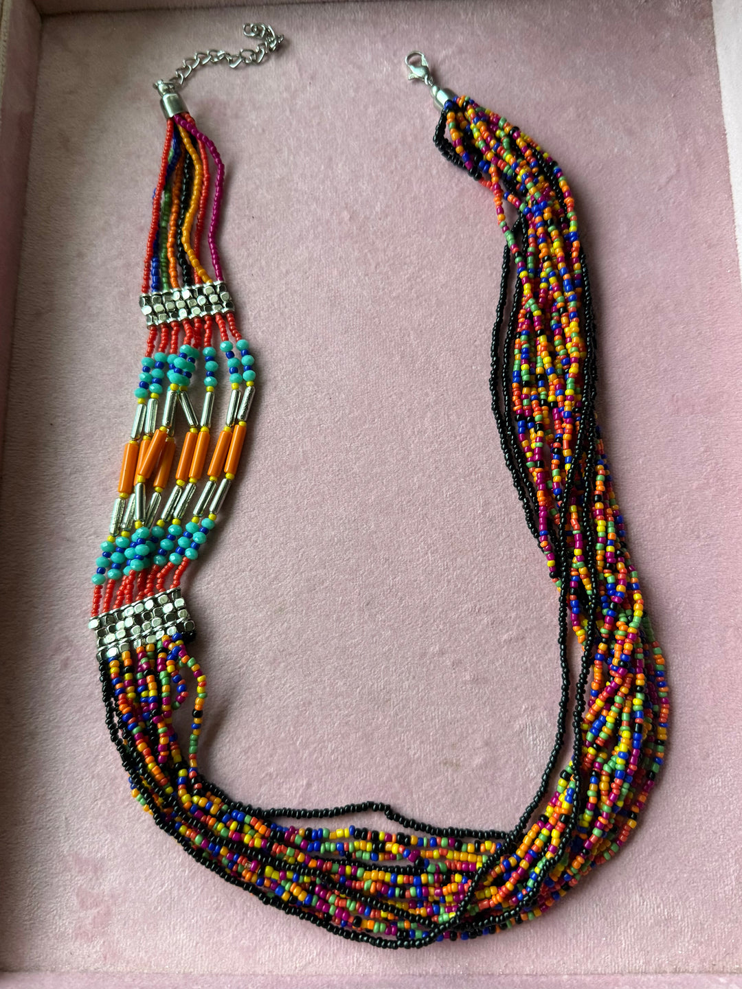 The Fiesta Cascade, Handmade Multicolored Seed Bead Layered Statement Necklace