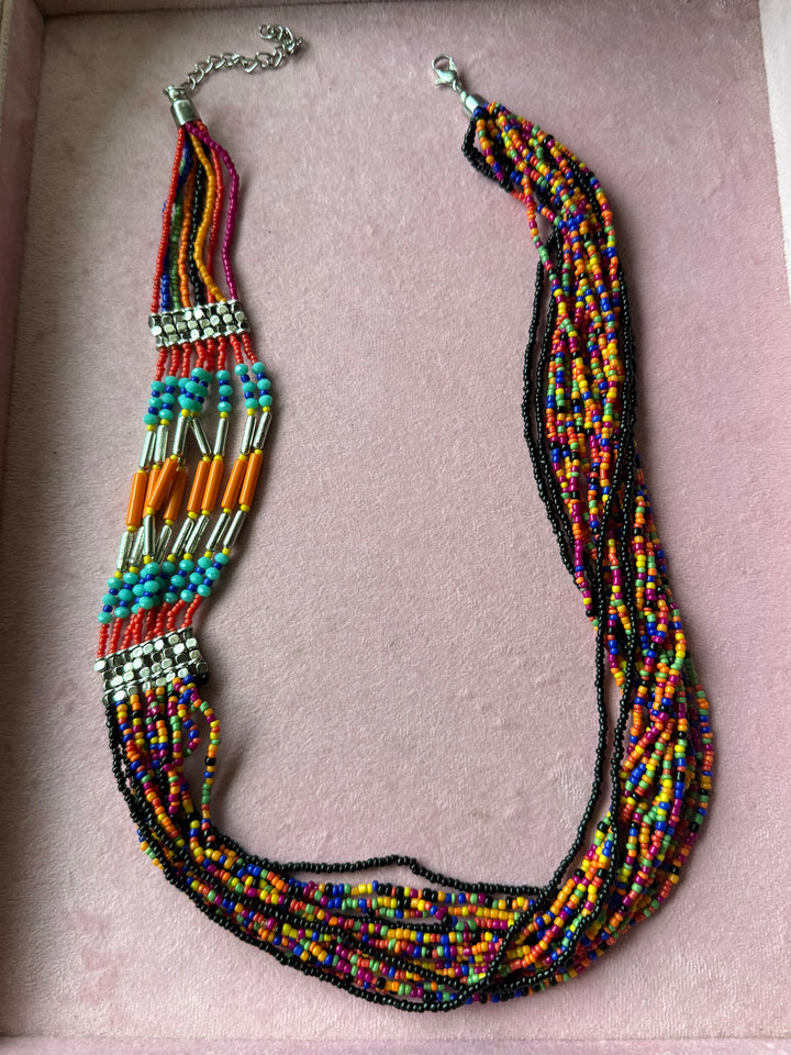 The Fiesta Cascade, Handmade Multicolored Seed Bead Layered Statement Necklace