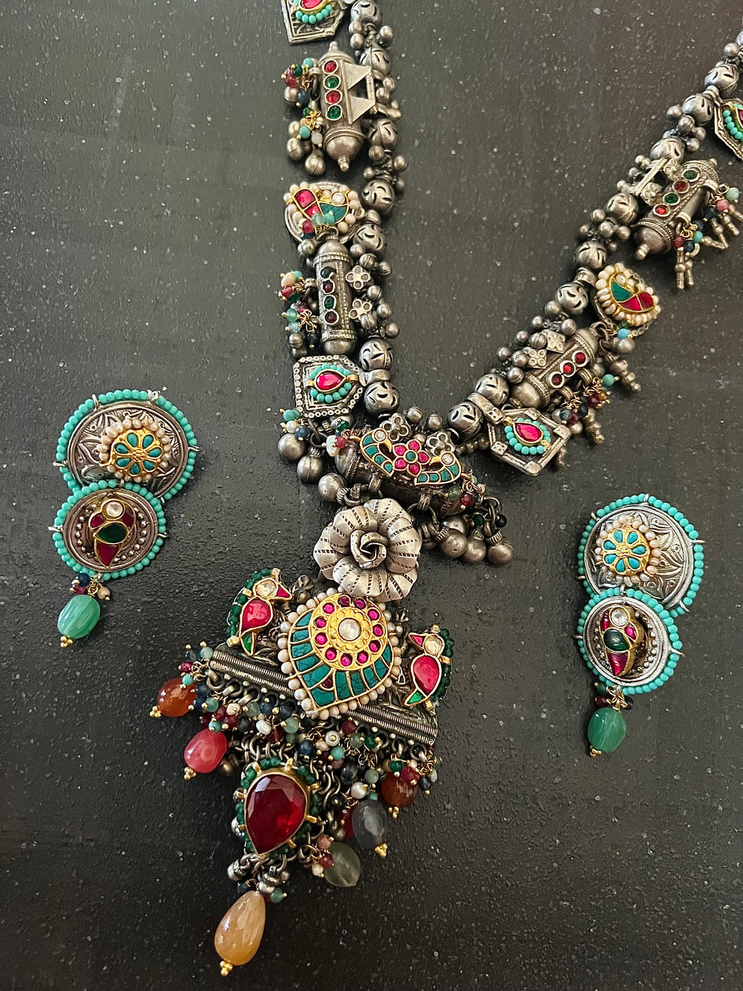 Handmade 925 Silver Fusion Gemstone Kundan Necklace Set | SHIVKA