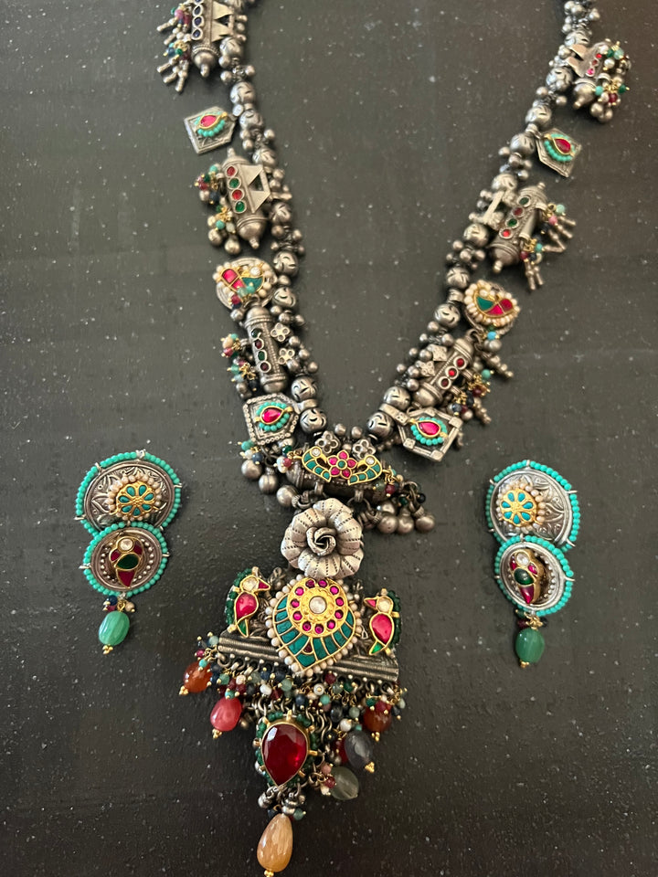 Handmade 925 Silver Fusion Gemstone Kundan Necklace Set | SHIVKA