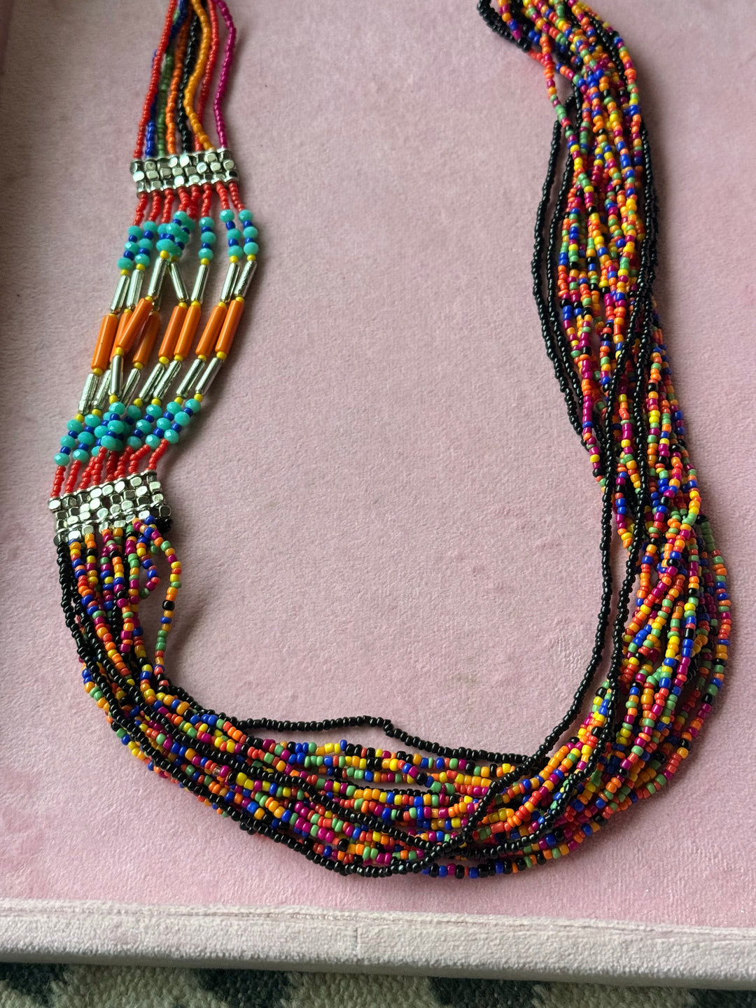 The Fiesta Cascade, Handmade Multicolored Seed Bead Layered Statement Necklace