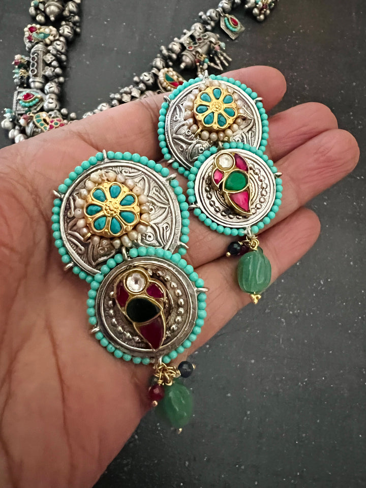 Handmade 925 Silver Fusion Gemstone Kundan Necklace Set | SHIVKA