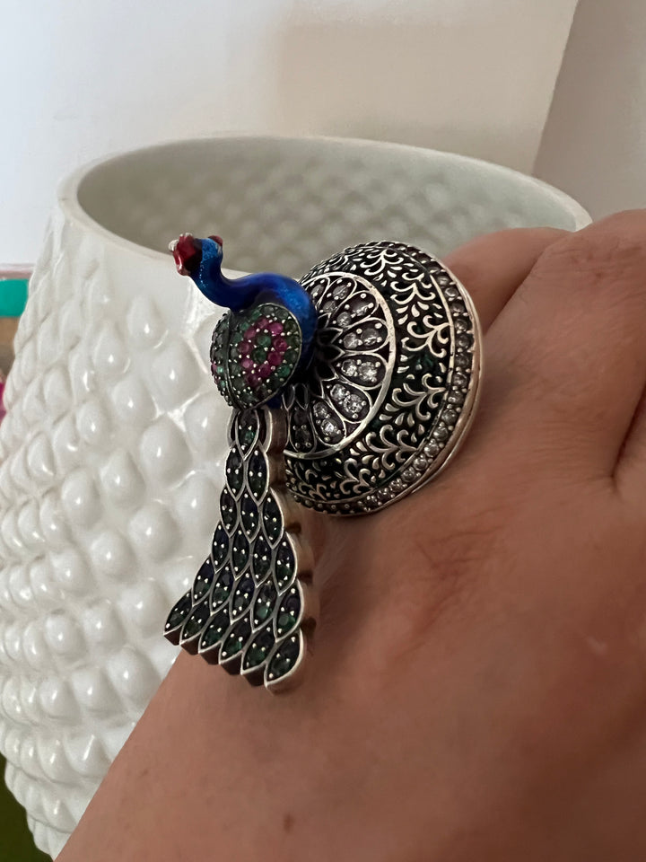 Statement Pure 925 Silver Peacock Ring