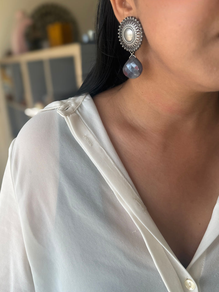 Handmade 925 Silver Iolite Drop Stud Earrings | SHIVKA | 5x3 cm | 28g Pair | Push Back | Statement Jewelry