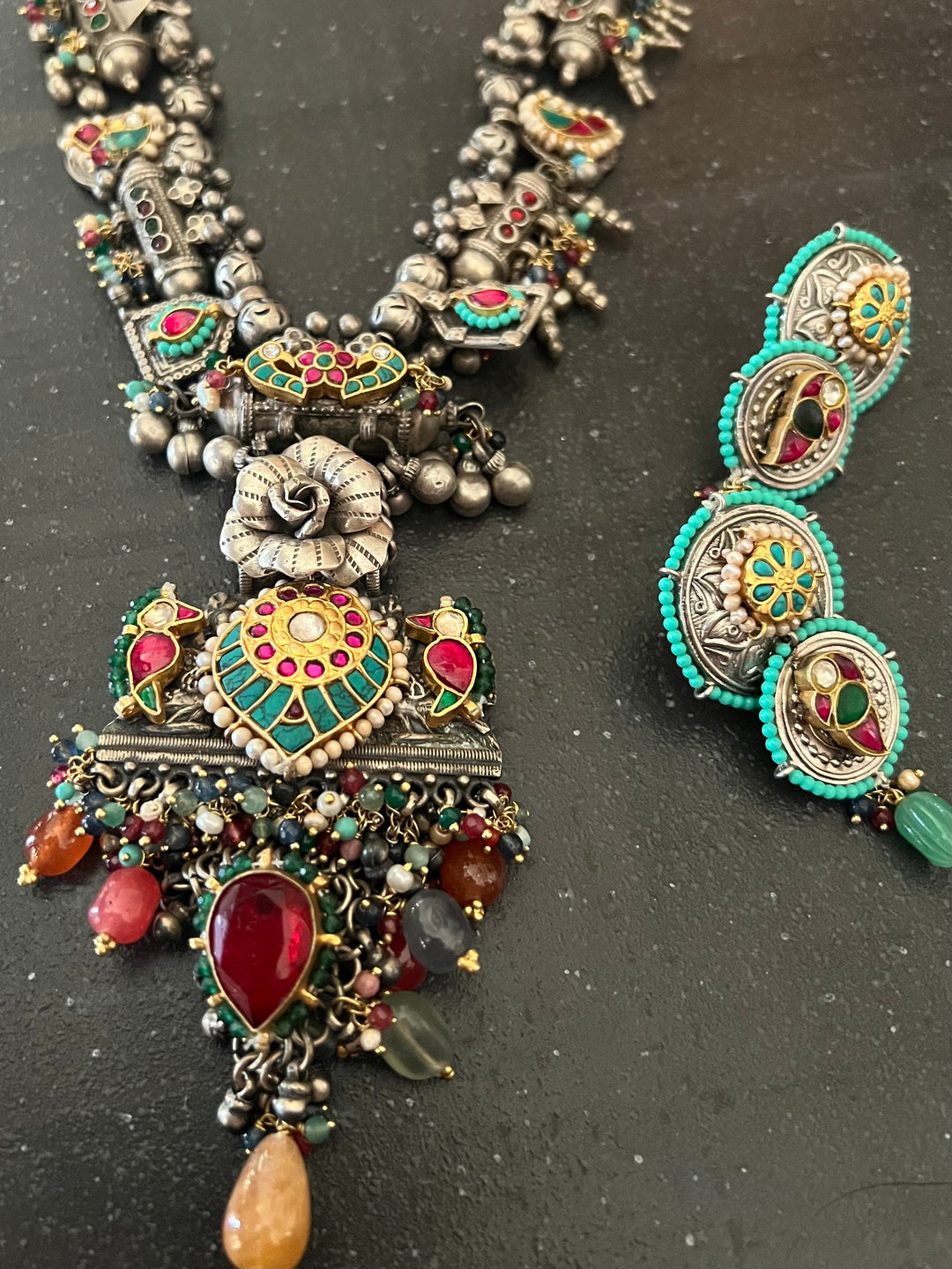 Handmade 925 Silver Fusion Gemstone Kundan Necklace Set | SHIVKA