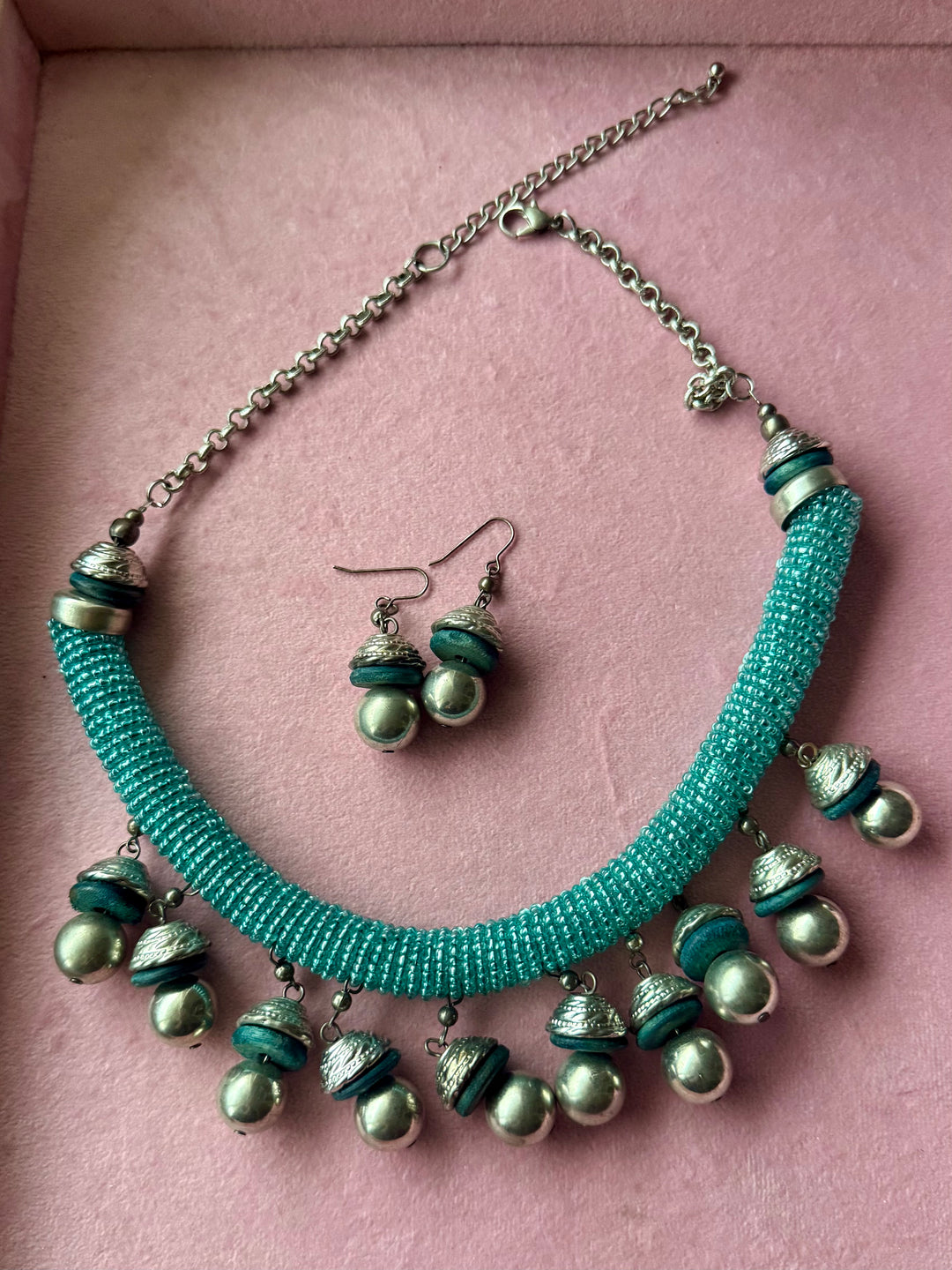 Handmade Blue Beaded Tasseled Hasli Necklace Set