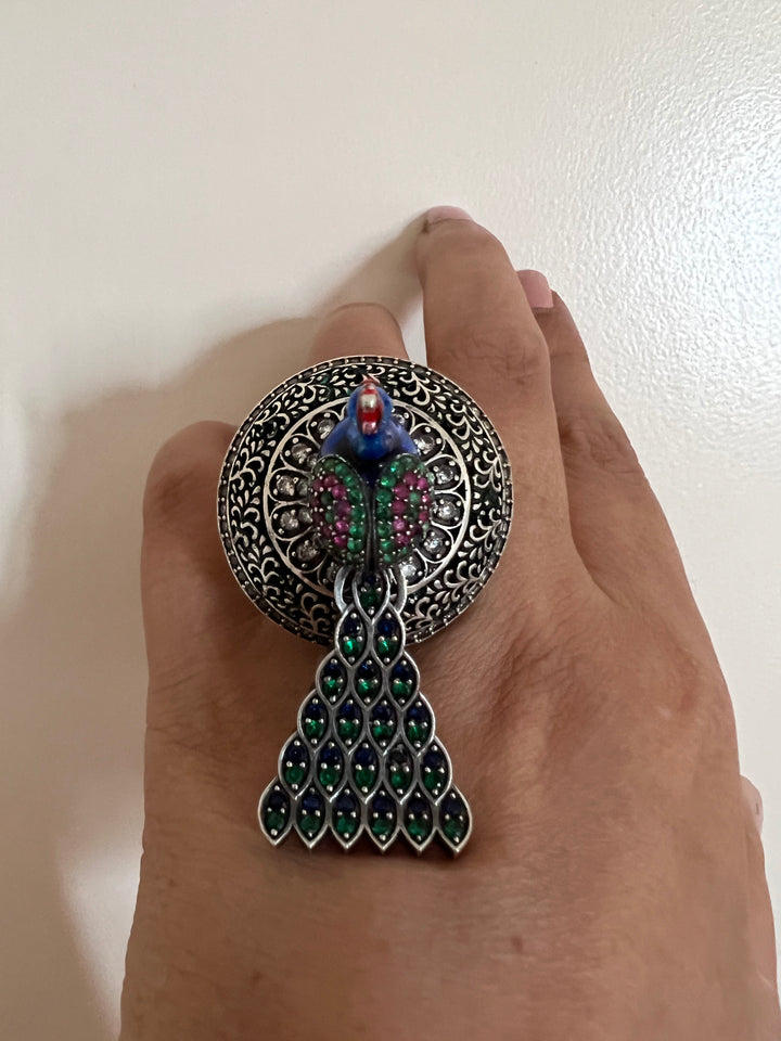 Statement Pure 925 Silver Peacock Ring