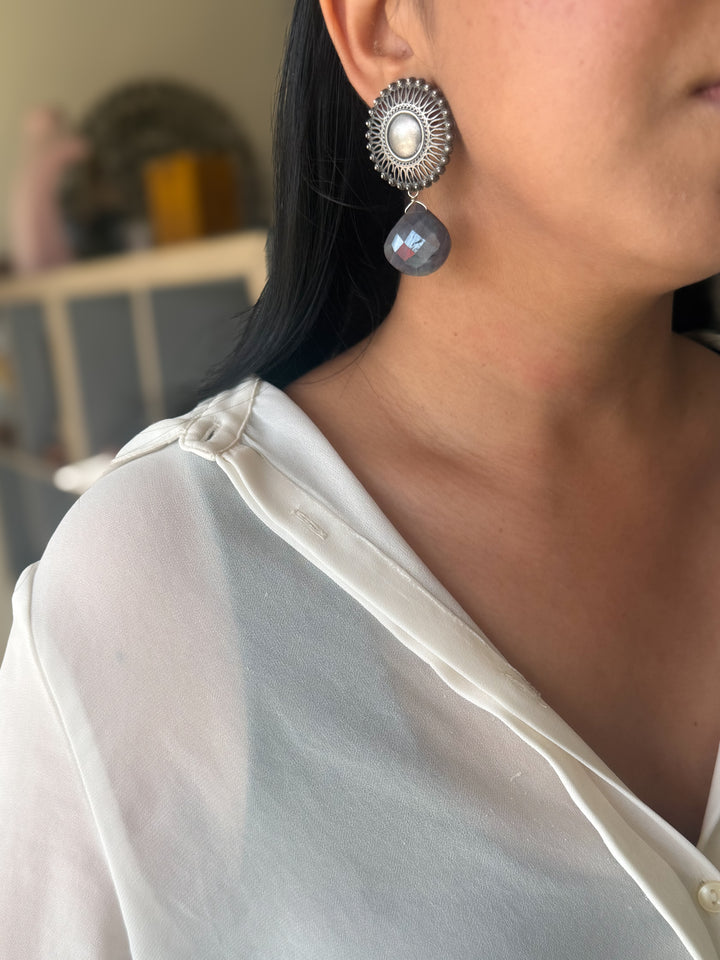 Handmade 925 Silver Iolite Drop Stud Earrings | SHIVKA | 5x3 cm | 28g Pair | Push Back | Statement Jewelry