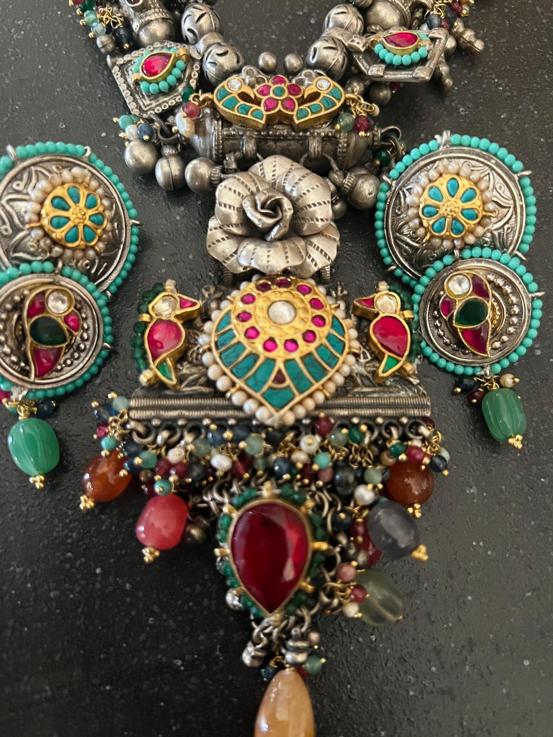 Handmade 925 Silver Fusion Gemstone Kundan Necklace Set | SHIVKA