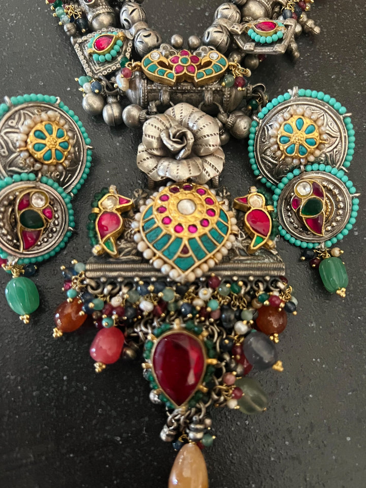 Handmade 925 Silver Fusion Gemstone Kundan Necklace Set | SHIVKA