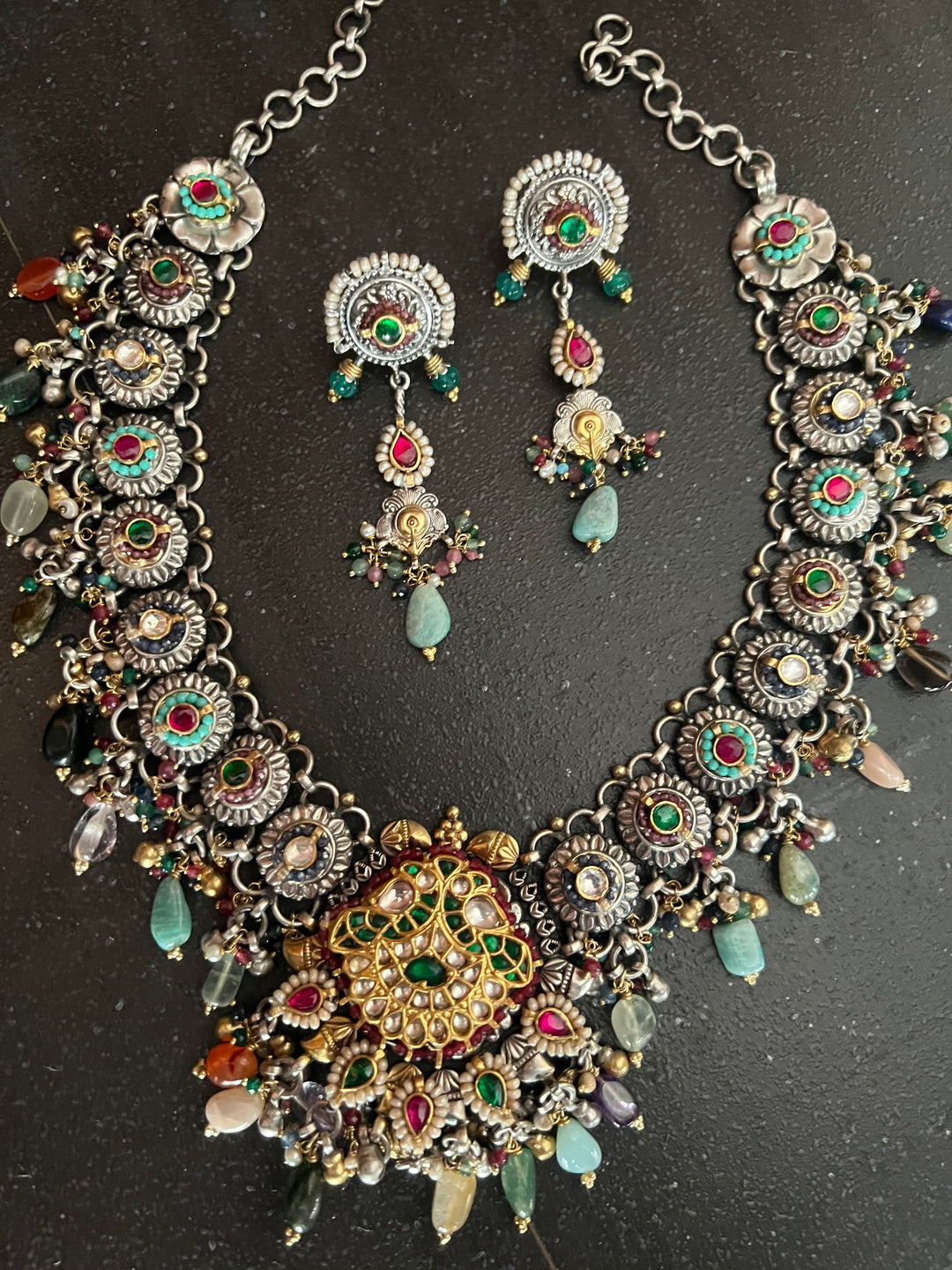 Handmade 925 Silver Fusion Gemstone Kundan Necklace Set | SHIVKA
