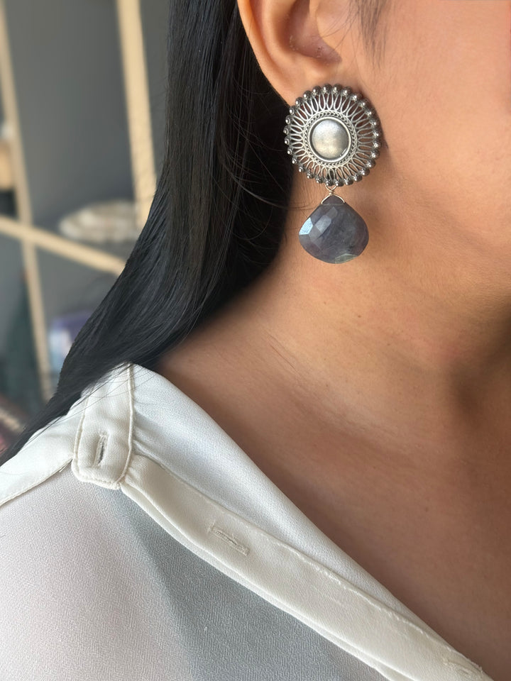 Handmade 925 Silver Iolite Drop Stud Earrings | SHIVKA | 5x3 cm | 28g Pair | Push Back | Statement Jewelry