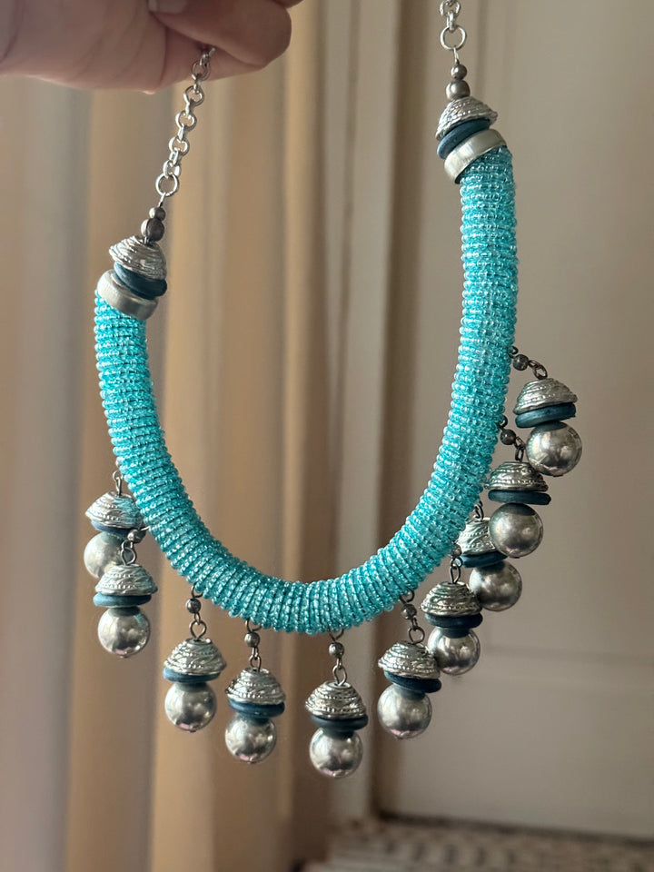 Handmade Blue Beaded Tasseled Hasli Necklace Set
