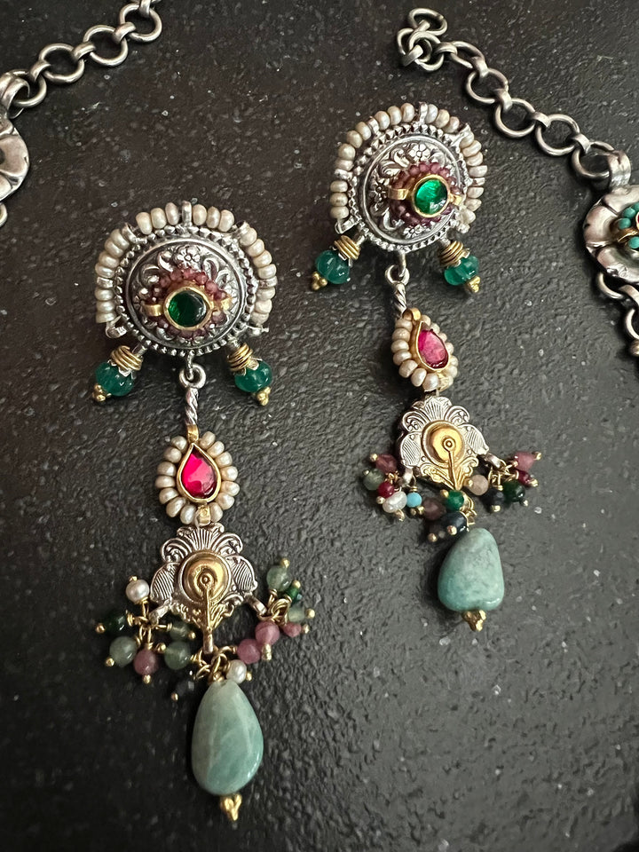 Handmade 925 Silver Fusion Gemstone Kundan Necklace Set | SHIVKA