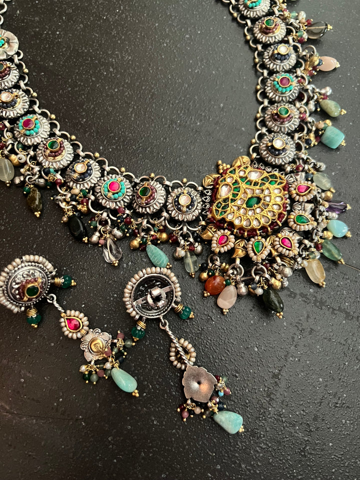 Handmade 925 Silver Fusion Gemstone Kundan Necklace Set | SHIVKA