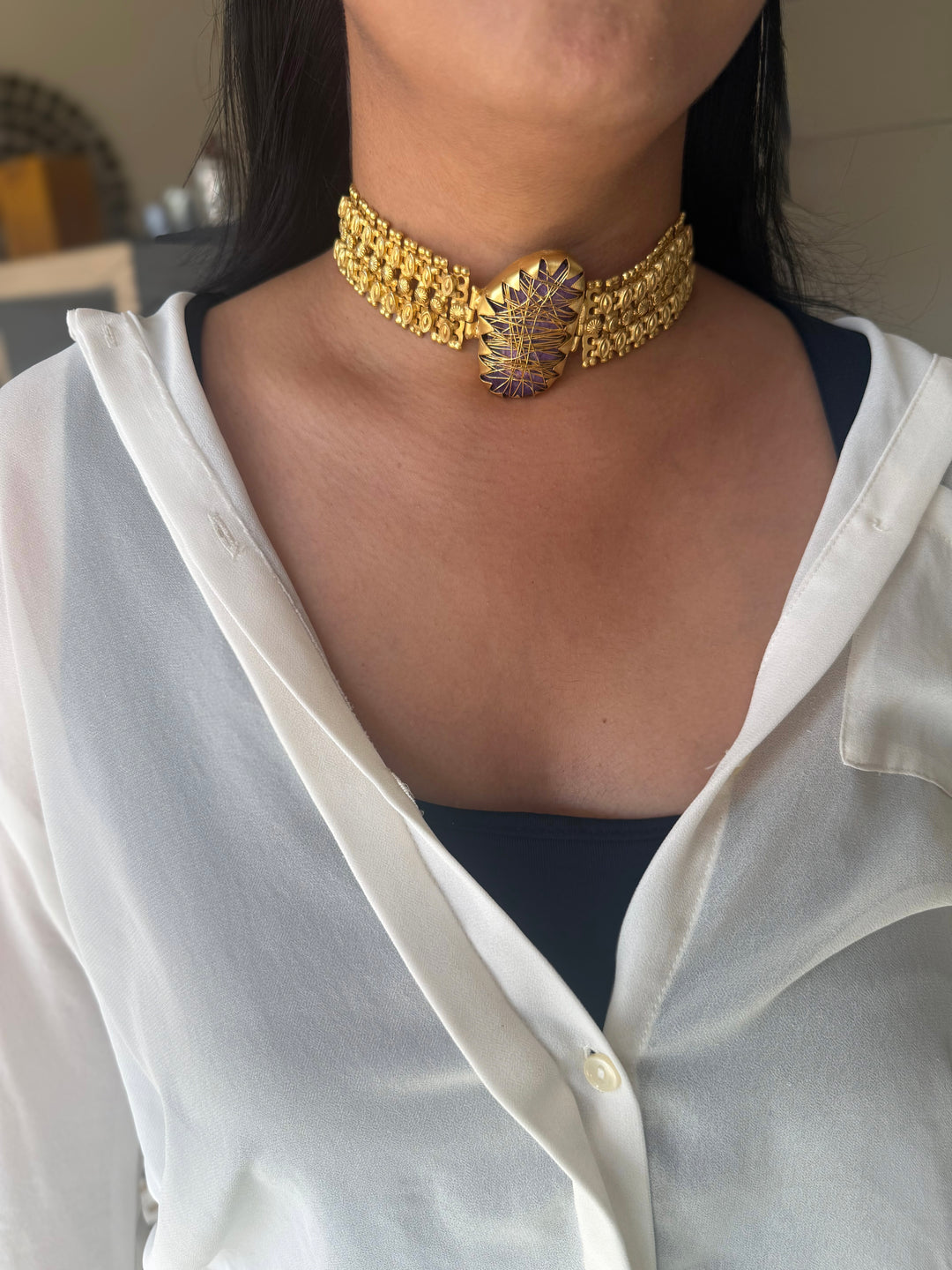Handmade Bold Natural Stone Statement Choker | Brass Adjustable Lobster Claw Jewelry