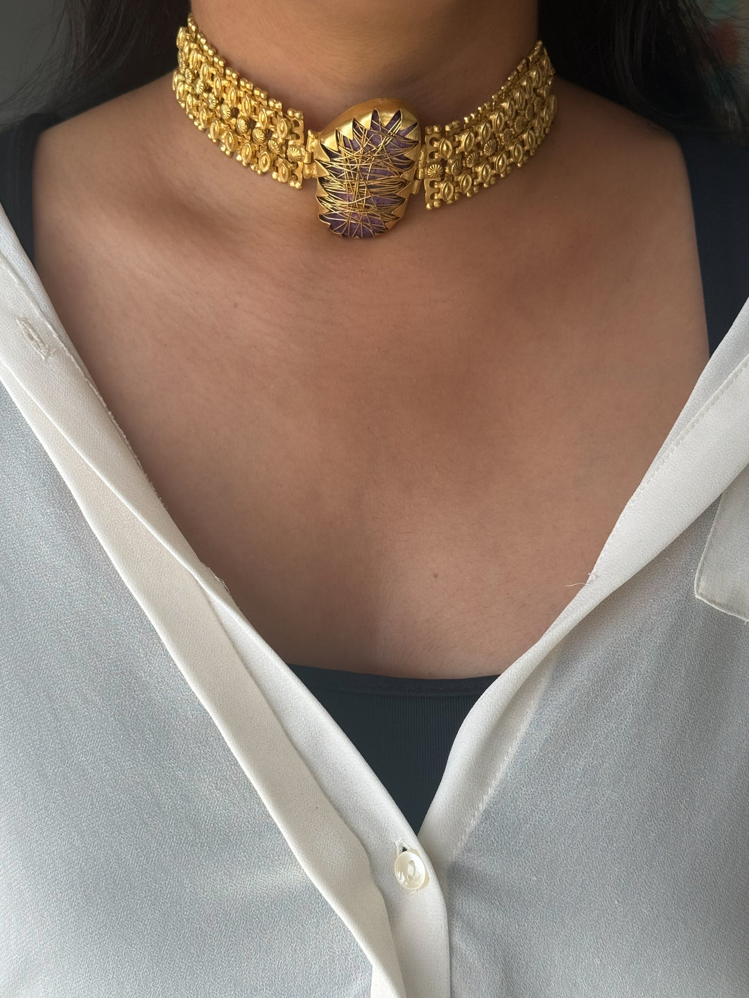 Handmade Bold Natural Stone Statement Choker | Brass Adjustable Lobster Claw Jewelry