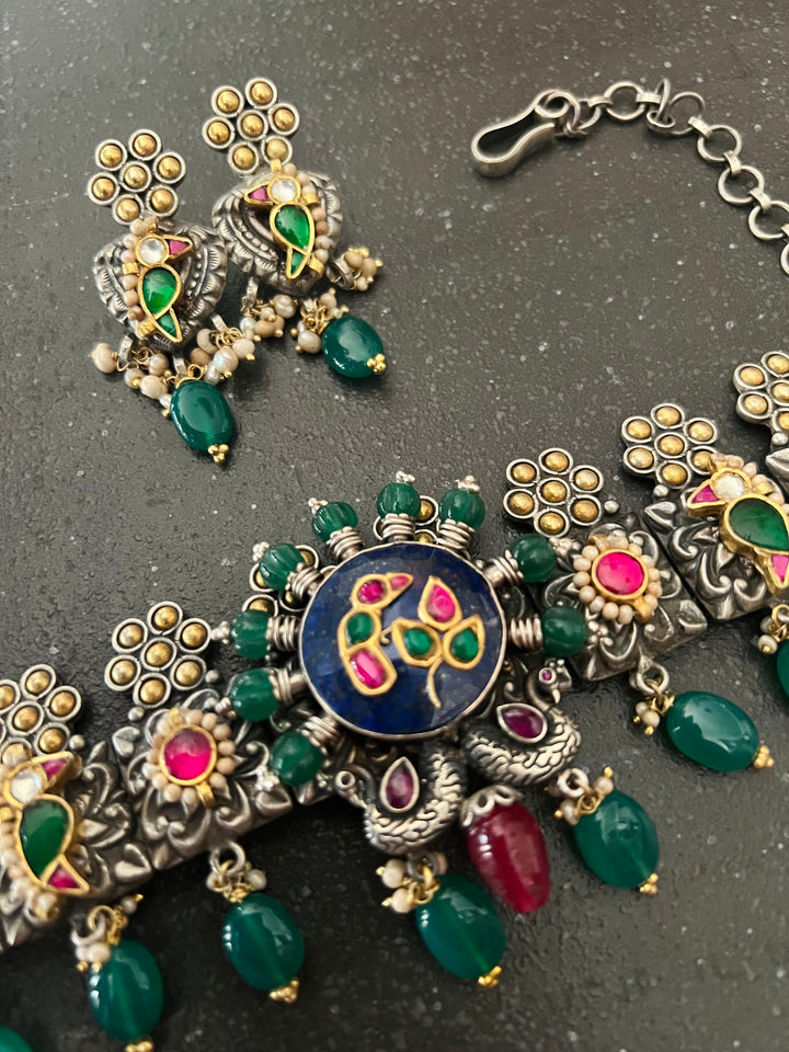 Handmade 925 Silver Fusion Gemstone Kundan Choker Set | Dual Tone | SHIVKA